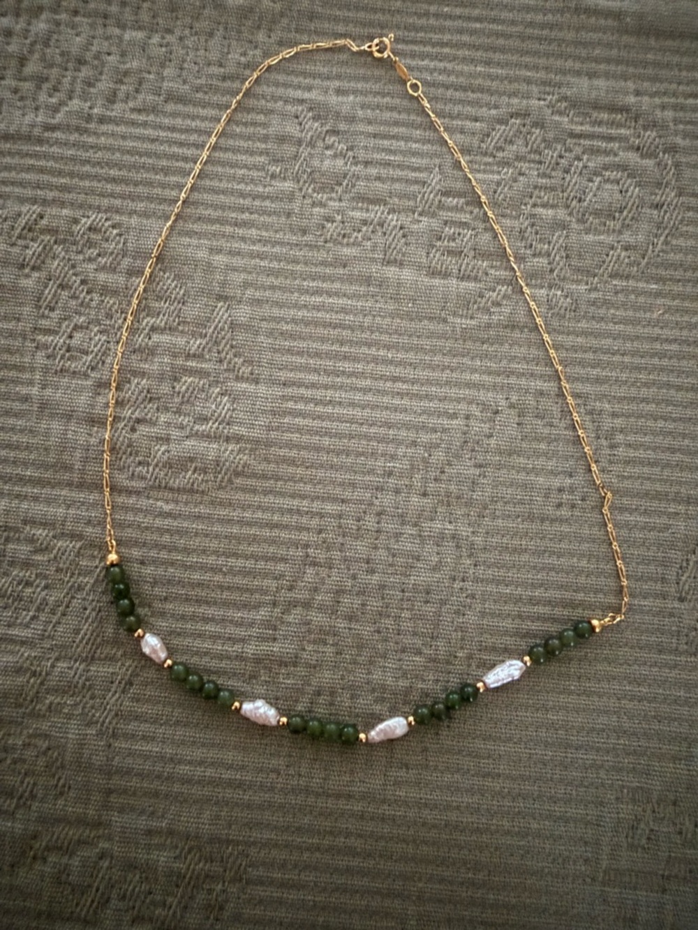 18KT Italian Gold Chain Necklace with jade Beads and White Freshwater Pearls
